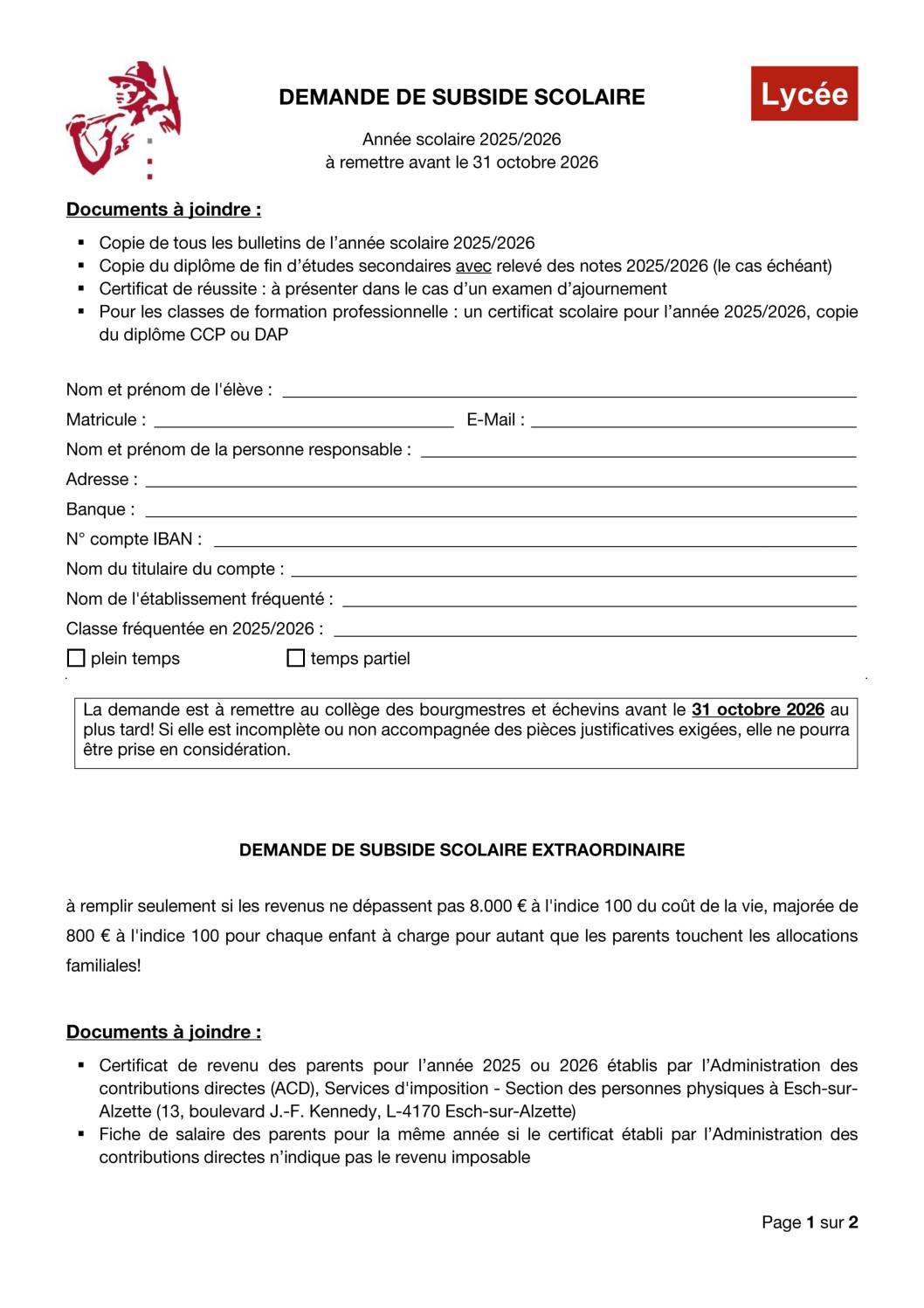 Formulaire subsides 2025-2026 Lycée