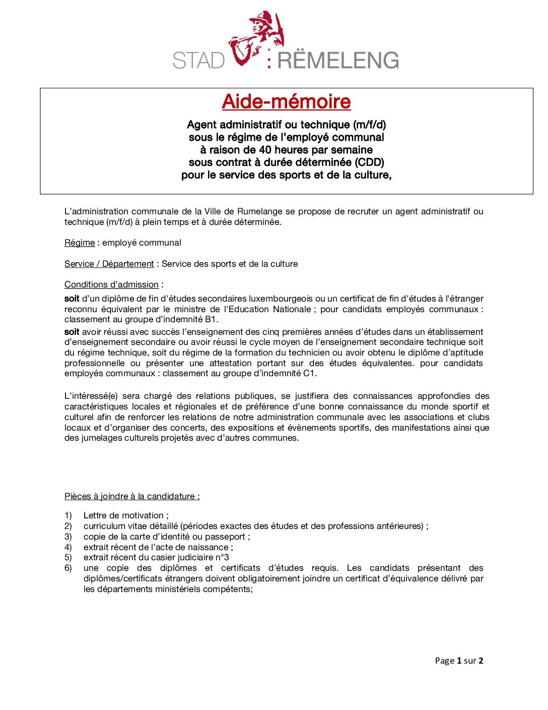 Aide mémoire service des sports et de la culture